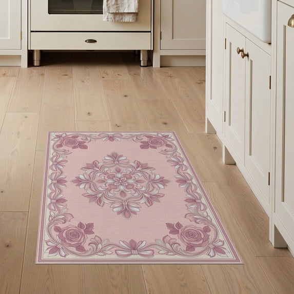 ODIKA Dainty Rosebud Clusters Border Pink Symmetrical Refined Stain Resistant Flatwoven for Entryway, Kitchen, Mudroom