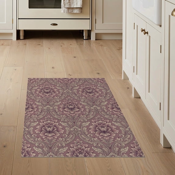 ODIKA Damask Distressed Scrolling Peony Scroll Border Pink Vintage Refined Structured Non-Slip Chair-Friendly for Home Office, Hallway, Laundry Room