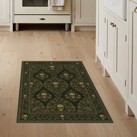ODIKA Damask Skull With Baroque Floral Scroll Border Goth Victorian Refined Structured for Entryway, Kitchen, Mudroom, Stain Resistant Flatwoven