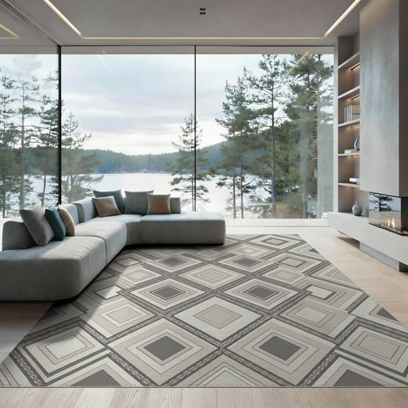 ODIKA Dining Geometric Table Grid Outlined Border Wool Neutral Large Low Profile Flatwoven for Great Room, Indoor Open Concept, Living