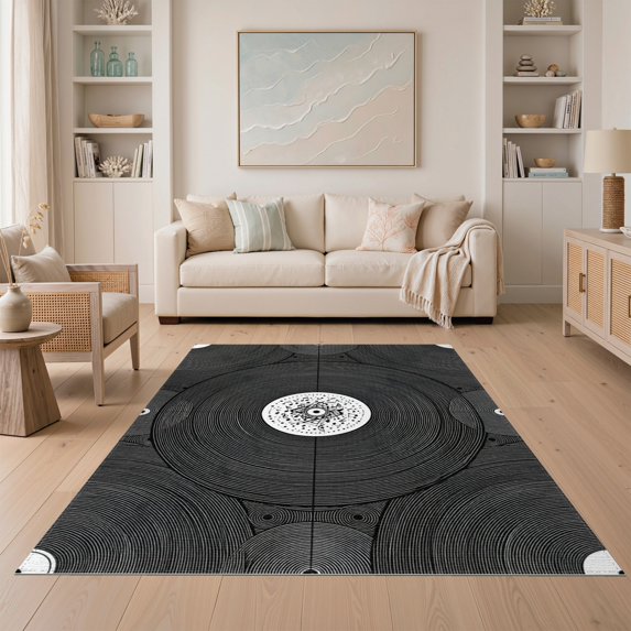 ODIKA Disc Circular Record Phonograph Themed Dense Ring Layout Shaped Non-Slip Chair-Friendly for Dining Room, Under Table, Home Office