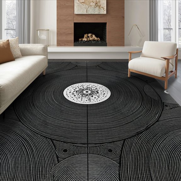 ODIKA Disc Circular Record Phonograph Themed Dense Ring Layout Shaped for King Size Bedroom, Master Suite, Under Bed, Foldable Easy Care