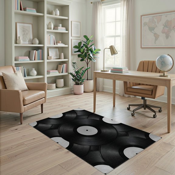 ODIKA Disc Record Music Shaped Monochrome Circle Motifs Cd Shape Vinyl for Playroom, Bedroom, Reading Nook, Pet Friendly & Kids Safe Play