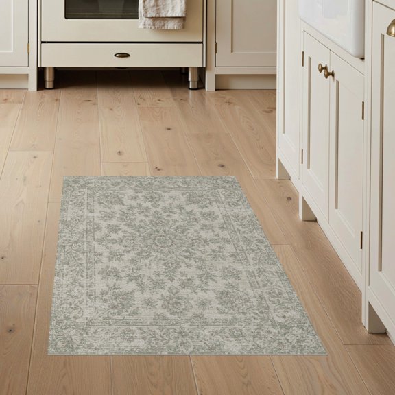ODIKA Distressed Faded Retro Farmhouse Border Scroll Botanical Vintage Flowing Dynamic for Entryway, Kitchen, Mudroom, Stain Resistant Flatwoven