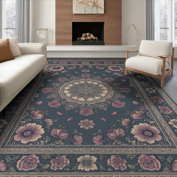 ODIKA Distressed Floral With Mauve Faded Medallion Border Rose Boho Refined Structured for Dining Room, Large Office, Lounge, Non-Slip Chair-Friendly