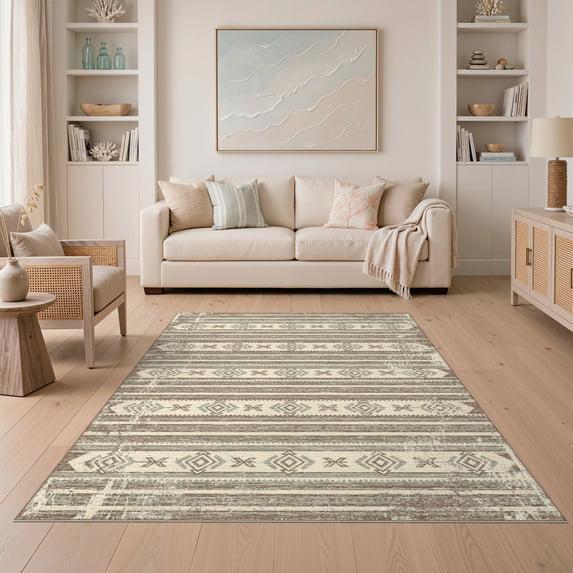 ODIKA Distressed Southwestern Motifs Border Motif Stripe Stepped Aztec Flowing Dynamic for Dining Room, Under Table, Home Office, Non-Slip Chair-Friendly