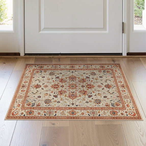 ODIKA 2'x3' Washable Throw Rug Non-Slip, Low Profile, Flatwoven, Easy Care Door Boho Vintage Scroll Border Motif Distressed Lattice Southwestern for Hallway, Study Room