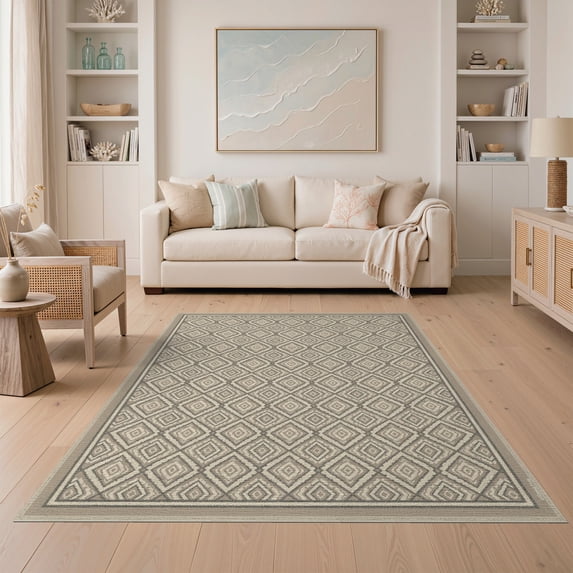 ODIKA 5'x7' Washable Area Rug Door Grid Symmetrical Motif Entrance Featuring Trapper Front for Guest Room, Lounge, Apartment, Non-Slip Low Profile, Stain Resistant