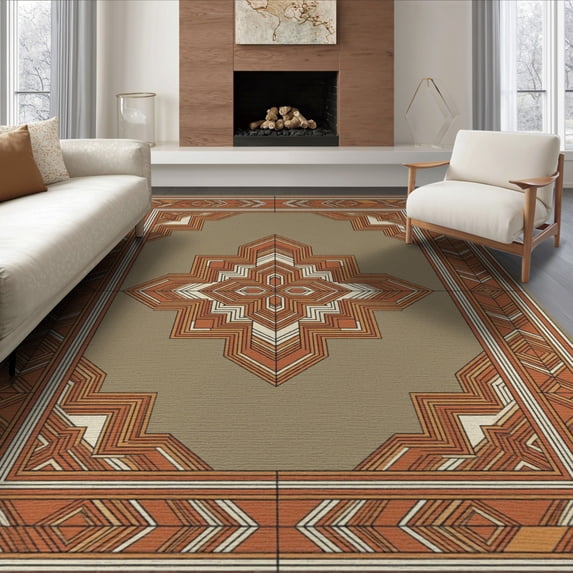 ODIKA Door Symmetrical Front Block Motif Entryway Earthy Border Entrance for Dining Room, Under Table, Office, Non-Slip Chair-Friendly Floor