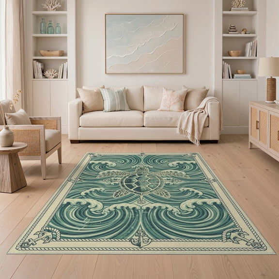 ODIKA Door Turtle Ocean Vintage Nautical Round Jellyfish Coral Non-Slip Low Profile for Guest Room, Lounge, Apartment