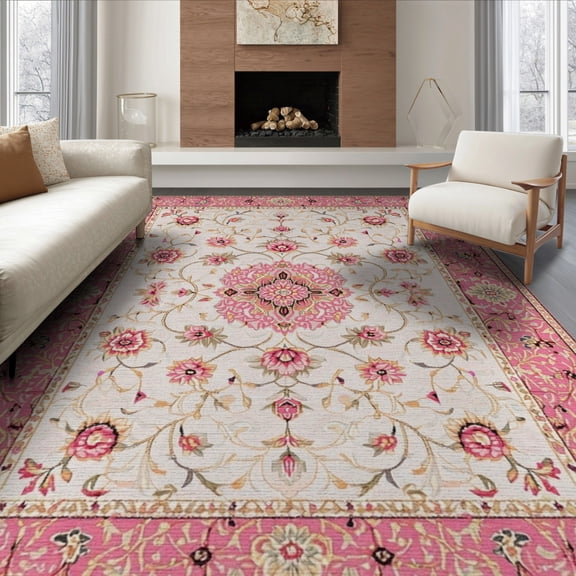 ODIKA Dusty Rose Vintage Floral Medallion With Boho Scroll Corner Accents Foldable Easy Care for Queen Size Bedroom, Under Bed, Master