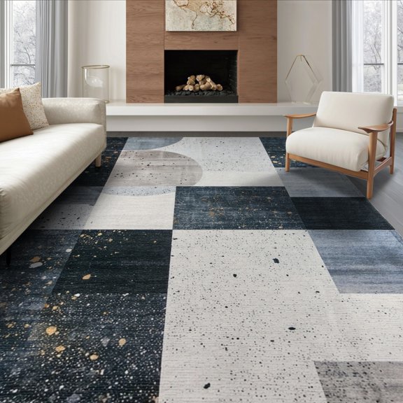 ODIKA Entryway Abstract Terrazzo Mosaic Blocks Distressed Dorm for Living Room, Under Sectional, Family , Non-Slip Flatwoven