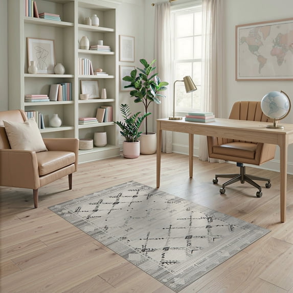 ODIKA Extra Abstract Large Geometric Minimalist Border Neutral Grey for Dorm Room, Small Living Apartment, Stain Resistant Low Profile