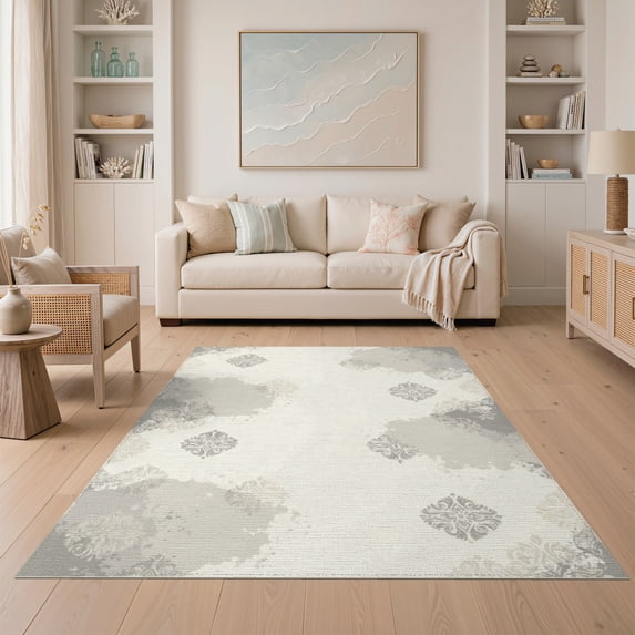 ODIKA 5'x7' Washable Area Rug Extra Transitional Large Blended Irregular Print Neutral Grey for Guest Room, Lounge, Apartment, Non-Slip Low Profile, Stain Resistant