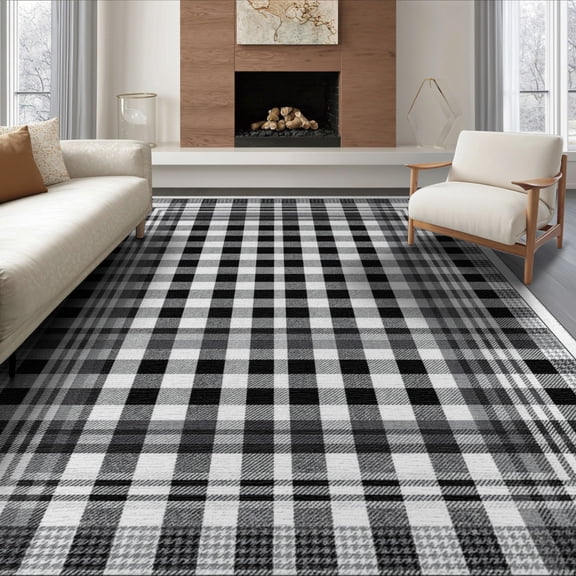 ODIKA Fabric Gingham Stripe Border Bathroom Checked Checkered Plaid Flowing Dynamic for Living Room, Under Sectional, Family , Non-Slip Flatwoven
