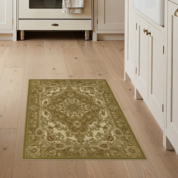 ODIKA Faded Retro Floral Scrollwork Central Emblem Earth Tone Design for Home Office, Hallway, Laundry Room, Non-Slip Chair-Friendly