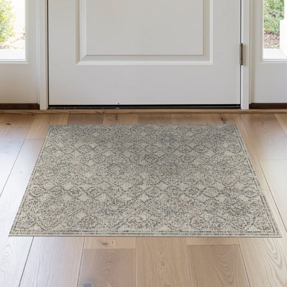 ODIKA Farmhouse Boho Interlocking Motif Weathered Traditional Neutral for Entryway, Kitchen, Laundry Room, Stain Resistant Thin Throw
