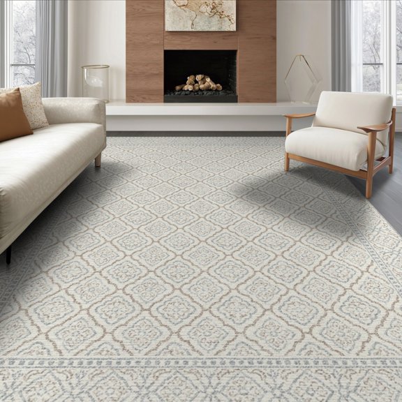 ODIKA 6'x9' Washable Area Rug Farmhouse Boho Symmetrical Motif Coordinated Border Juniper Neutral for Family Room, Living Room, Master Bedroom, Non-Slip, Easy Care