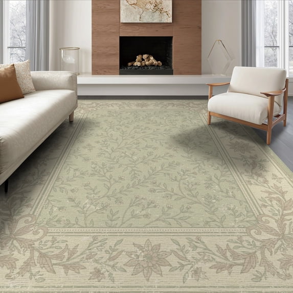 ODIKA Farmhouse Botanical Panel Retro Distressed Faded Scroll Vintage Flowing Dynamic for Dining Room, Under Table, Office, Non-Slip Chair-Friendly Floor