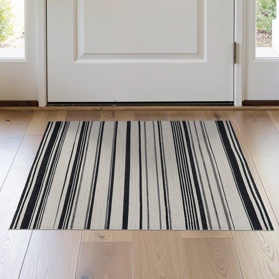 ODIKA Farmhouse Ticking Striped Abstract Interlocking Center Door Cream Stain Resistant Thin Throw for Entryway, Kitchen, Laundry Room