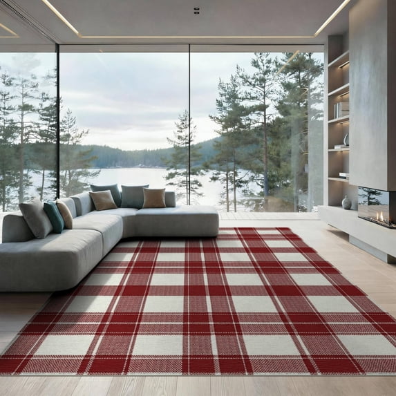 ODIKA Farmhouse Vintage Tartan Striped Checkered Front Plaid Gingham Refined Low Profile Flatwoven for Great Room, Indoor Open Concept, Large Living
