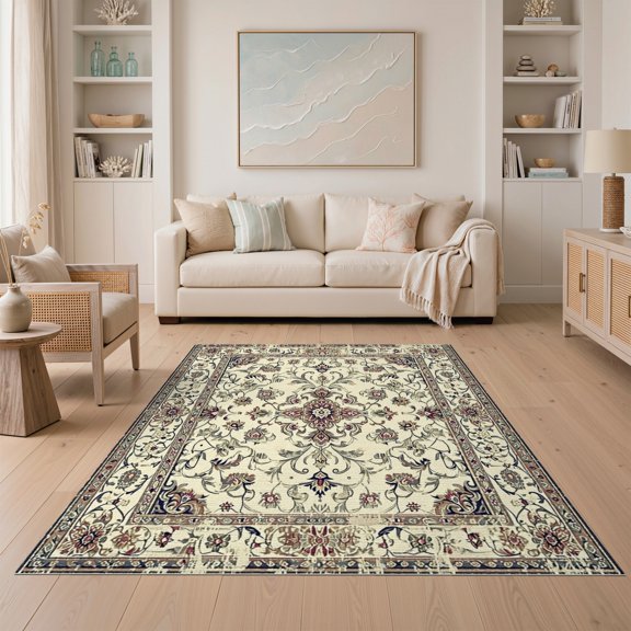 ODIKA Fiber Door Vintage Damask Filigree Scroll Bordered Boho Synthetic Non-Slip Low Profile for Guest Room, Lounge, Apartment