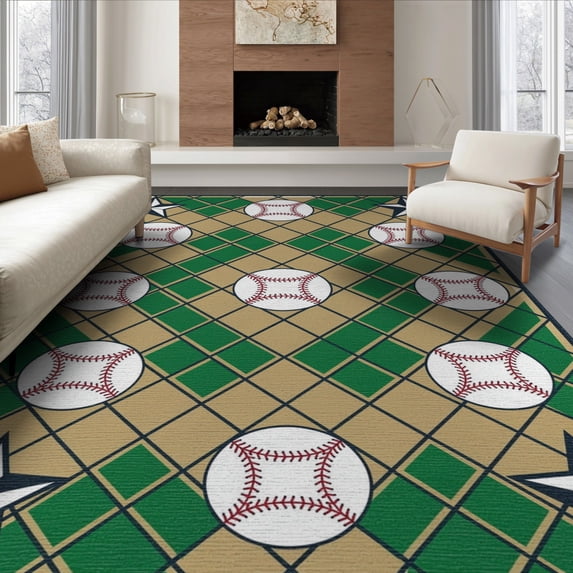 ODIKA Field Large Interlocking Motif Crossed Bats Stitching Soccer for Dining Room, Under Table, Office, Non-Slip Chair-Friendly Floor