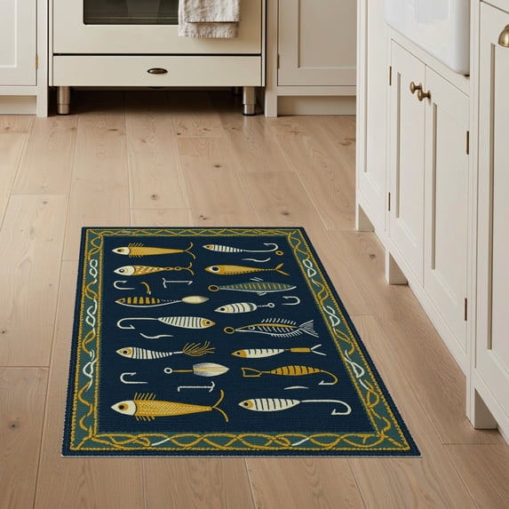 ODIKA Fish Fishing Vintage Nautical Lures Hooks Bobbers Bathroom Doormat for Entryway, Kitchen, Mudroom, Stain Resistant Flatwoven