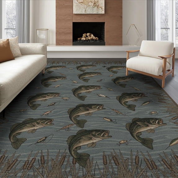 ODIKA Fishing Bass Lake Lure Tackle Reeds Border Motif Angler Fish Flowing Dynamic Foldable Easy Care for King Size Bedroom, Master Suite, Under Bed