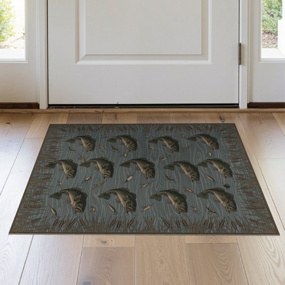 ODIKA Fishing Bass Lake Lure Tackle Reeds Border Motif Angler Fish Flowing Dynamic Stain Resistant Thin Throw for Entryway, Kitchen, Laundry Room