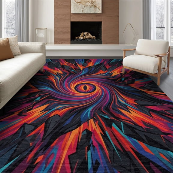 ODIKA Flame Eruption With Colorful Rock Motif Volcano Abstract Vortex Playful Non-Slip Flatwoven for Living Room, Under Sectional, Family