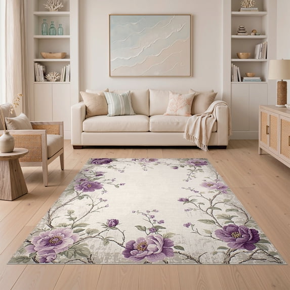ODIKA Floral Vintage Cottage With Distressed Botanical Toile Border for Dining Room, Under Table, Home Office, Non-Slip Chair-Friendly