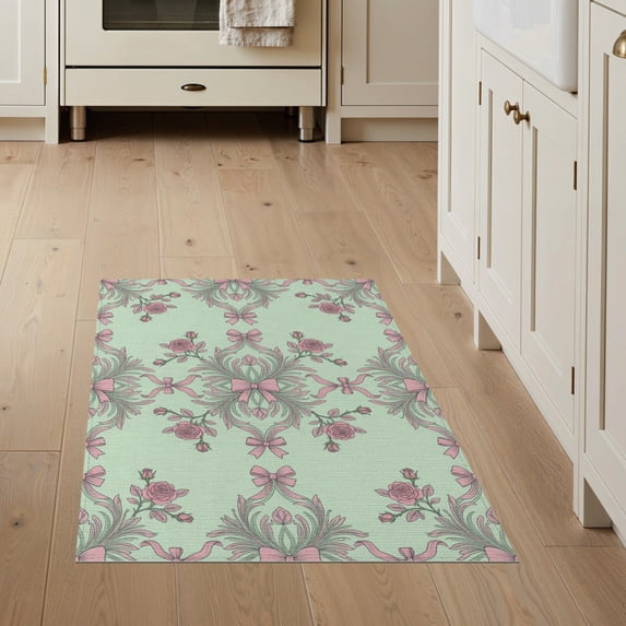 ODIKA Floral With Delicate Ribbon And Rosebud Accents Coquette Bow Refined Structured Stain Resistant Flatwoven for Entryway, Kitchen, Mudroom