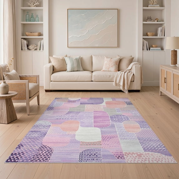 ODIKA Fluffy Pink Layered Spotted Abstract Inspired Mosaic Purple Furry Non-Slip Low Profile for Guest Room, Lounge, Apartment