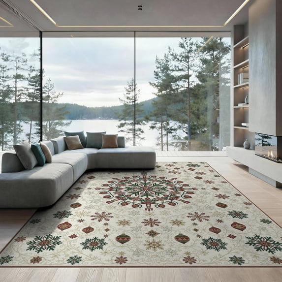 ODIKA Fluffy Snowflake Vintage Festive Alfombra Para Sala Shaggy Fuzzy Flowing Dynamic Low Profile Flatwoven for Great Room, Indoor Open Concept, Large Living