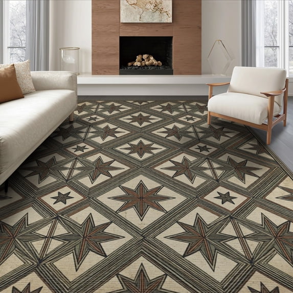 ODIKA 8'x10' Washable Area Rug Non-Shedding, Easy Care, Folk Distressed Farmhouse Border Lettering Primitive Vintage Refined Structured for King Size Bedroom Under Bed, Master Suite