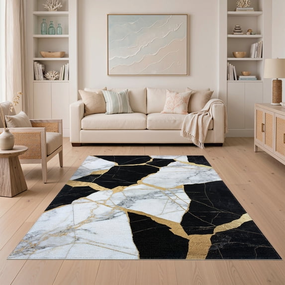 ODIKA Fractured Mosaic Abstract Marble Fragments Interlocking Shard Non-Slip Low Profile for Guest Room, Lounge, Apartment