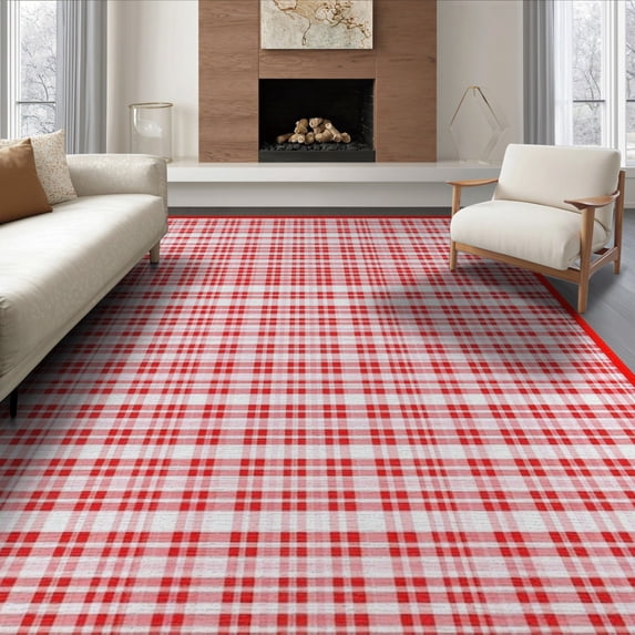 ODIKA 6'x9' Washable Area Rug Easy Care, Non-Shedding, Front Door Plaid Gingham Farmhouse Border Tartan Grid Motif Throw for Queen Size Bedroom Under Bed Master Suite