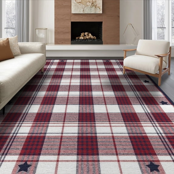 ODIKA Front Door Plaid Patriotic Gingham Stars Border Throw Checkered for Dining Room, Large Office, Lounge, Non-Slip Chair-Friendly