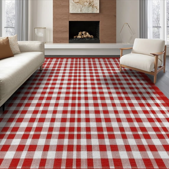 ODIKA 6'x9' Washable Area Rug Non-Slip, Easy Care, Front Plaid Door Gingham Checkered Tartan Throw Farmhouse Border for Family Room, Living Room, Master Bedroom