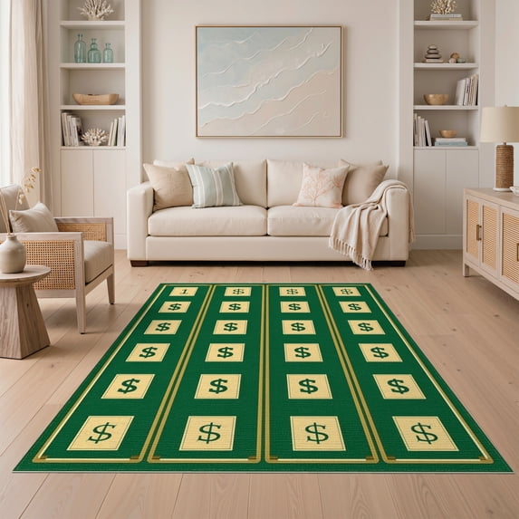 ODIKA Funky Retro Arcade Number Motif Currency Note Bold Border Collage for Guest Room, Lounge, Apartment, Non-Slip Low Profile