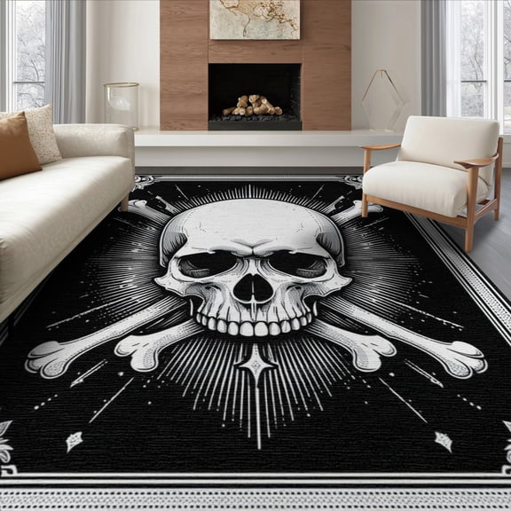 ODIKA Funny Skeleton Gothic Skull Medallion With Spooky Crossbone Border Non-Slip Flatwoven for Living Room, Under Sectional, Family