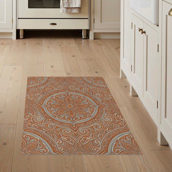 ODIKA Furry Burnt Delicate Muted Palette Balanced Ornate Orange Large Stain Resistant Flatwoven for Entryway, Kitchen, Mudroom