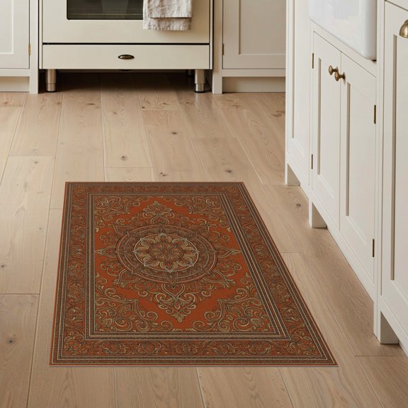 ODIKA Furry Burnt Symmetrical Motif Muted Border Plush Orange Large Stain Resistant Flatwoven for Entryway, Kitchen, Mudroom