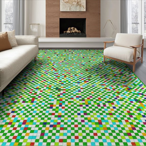 ODIKA Fuzzy Funky Retro Checkerboard Mini Block Repeating Abstract Cover Non-Slip Flatwoven for Living Room, Under Sectional, Family