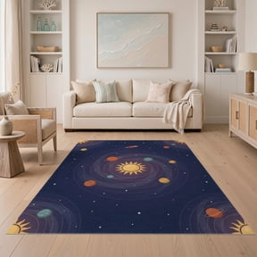 ODIKA 5'x7' Washable Area Rug Galaxy Explorer Playmat With Bright Planetary Universe Scene for Guest Room, Lounge, Apartment, Non-Slip Low Profile, Stain Resistant