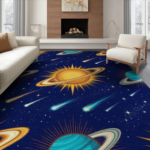 ODIKA Galaxy Space Planets Comet Trails Golden Sun Stellar Formation for Dining Room, Under Table, Office, Non-Slip Chair-Friendly Floor