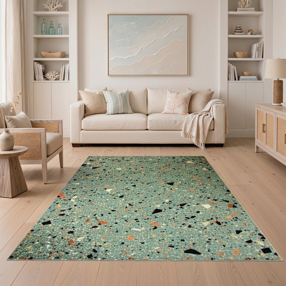 ODIKA Geometric Abstract Mid Terrazzo Retro Speckled Confetti Motif for Guest Room, Lounge, Apartment, Non-Slip Low Profile