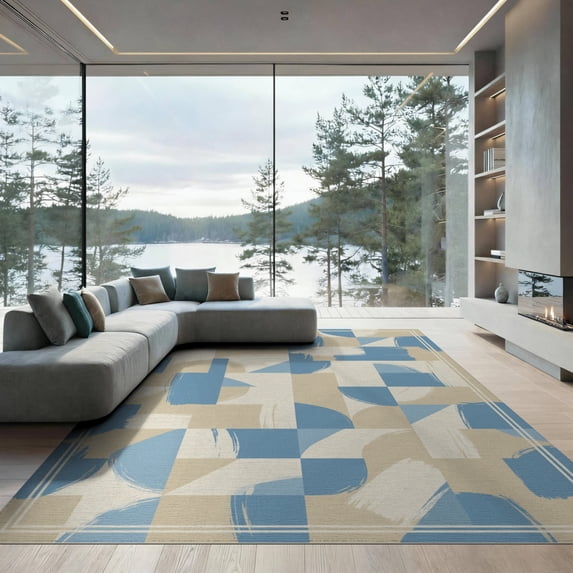 ODIKA Geometric Abstract Muted Palette Brushstroke Inspired Design for Great Room, Indoor Open Concept, Large Living Low Profile Flatwoven