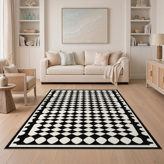 ODIKA Geometric Contemporary Abstract Arch Checkered Border Mid Century for Dining Room, Under Table, Home Office, Non-Slip Chair-Friendly